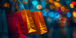 Colorful banner of shopping bags on a dark background with bokeh lights, creating an atmosphere of festive celebration and a special package sale