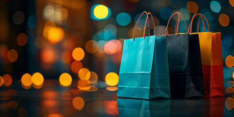 Colorful banner of shopping bags on a dark background with bokeh lights, creating an atmosphere of festive celebration and a special package sale