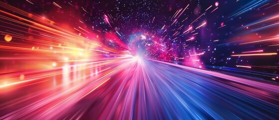 Wall Mural - Speed data, cosmos, space motion blur. Bursting, glowing lines, road, rays in space leading to light explosion. Business, science, fantasy backdrop for data, research, travel, space.