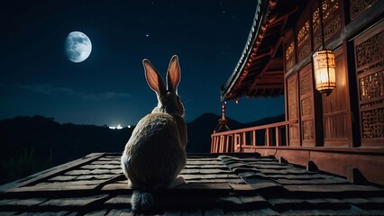 Wall Mural - rabbit sitting on the roof of the house in the moonlight