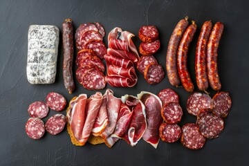 Wall Mural - Assorted Sliced Spanish Salami on Dark Background, Flat Lay