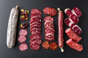 Wall Mural - Assorted Spanish Dry-Cured Salami and Sausage Selection on Black