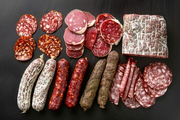 Wall Mural - Variety of Spanish Salami and Cured Meats, Artisan Selection Flat Lay