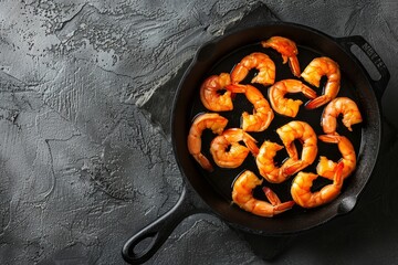 Wall Mural - Succulent Cooked Shrimps in Cast Iron Pan, Black Stone Background