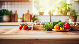 Fototapeta Natura - Fresh vegetables in a basket and bowl on a wooden countertop with a blurred kitchen in the background with morning light and shadow. The concept of natural farm products.. Generated AI