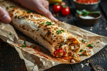 Canvas Print - Traditional Turkish Tantuni with Chicken, Served on Old Table