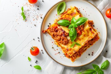 Wall Mural - Traditional Beef Lasagna with Basil, White Stone Background