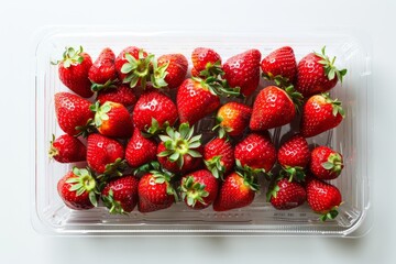 Wall Mural - Ripe Strawberries in Plastic Tray, Top View Flat Lay
