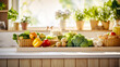 Fresh vegetables in a basket and bowl on a wooden countertop with a blurred kitchen in the background with morning light. The concept of natural farm products grown in the garden. Generated AI