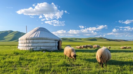 Wall Mural - the vast grassland spreads out, and in one of these huge yurts stands a flock of red and white sheep roaming in the distance