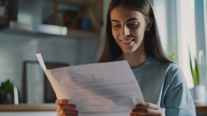 Sticker - Joyful woman with a cheerful smile reviewing a letter in her well-lit modern kitchen.