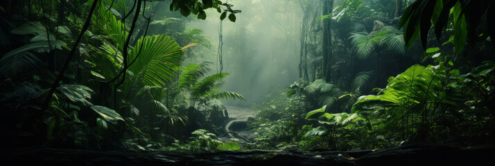 Background Deep forest tropical jungles of Southeast Asia with fog. Mystical amazon banner fantasy backdrop, Realistic nature rainforest