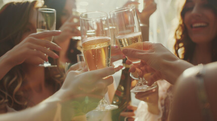 Toasting with champagne, friends celebrate a joyous occasion.