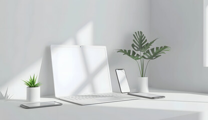 Wall Mural - 3D render of a laptop mockup with a blank screen on the table, accompanied by a phone and tablet. The setup is placed on a white background with a green plant.