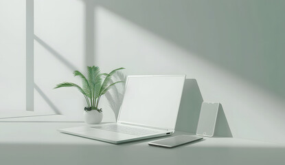 3D render of a laptop mockup with a blank screen on the table, accompanied by a phone and tablet. The setup is placed on a white background with a green plant.