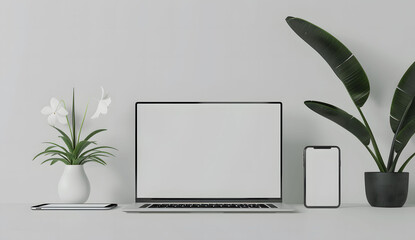 3D render of a laptop mockup with a blank screen on the table, accompanied by a phone and tablet. The setup is placed on a white background with a green plant.