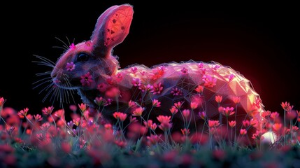 a rabbit sitting in the middle of a field of flowers with a red light shining on it's face.