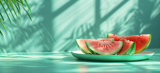 Several slices of juicy watermelon on a vibrant shiny green background with sunlight shadows. Refreshing juicy food summer concept banner.