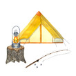 © Ekaterina - Watercolor yellow tent lantern fishing rod composition isolated on white