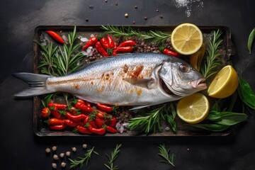 top view of vary kind of fish with copy space for text. food background for stock photography - generative ai