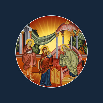 Medallion with the Presentation of Jesus at the Temple on a dark blue background. Illustration in Byzantine style