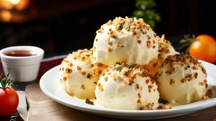 cheese ball served in plate in restaurant