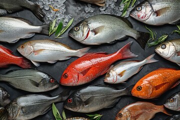 top view of vary kind of fish with copy space for text. food background for stock photography - generative ai