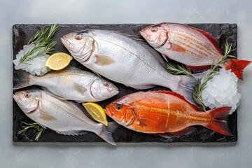 top view of vary kind of fish with copy space for text. food background for stock photography - generative ai