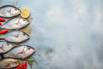 top view of vary kind of fish with copy space for text. food background for stock photography - generative ai