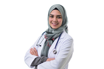 A smiling Middle Eastern female doctor looking at the camera wearing a clinic uniform isolated on a transparent background