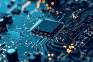 Poster - Abstract microchip neon. Data macro. Generate AI
