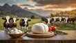 Mozzarella cheese on a table background Cows in the pasture