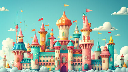 Wall Mural - A whimsical clipart castle with turrets and flags, straight out of a fairy tale.