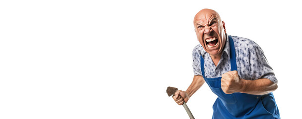 Angry male professional cleaner with a tool in a service uniform, white background isolate.