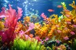 A vibrant underwater garden filled with colorful sea plants, shimmering marine life, and lush coral reefs on the ocean floor
