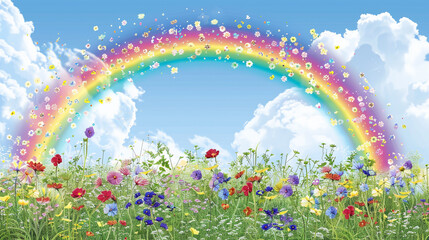 Wall Mural - A colorful clipart rainbow arching over a field of flowers, with a blue sky in the background.
