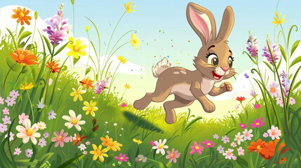 Wall Mural - A cute clipart bunny hopping through a field of flowers, its ears flopping with each jump.