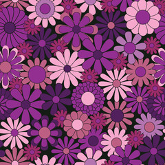 Wall Mural - Vintage groovy daisy flowers. Retro floral vector background. Surface design in style of hippie. Modern pattern design for textile, stationery, wrapping paper, gifts. 60s, 70s, 80s style