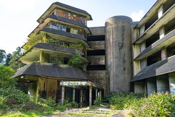 Sao Miguel Azores 14.2.2024: Front facade ruin of abandoned five star hotel Monte Palace near the village of Sete Cidades on the island of Sao Miguel, Azores, Portugal