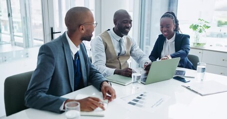 Wall Mural - Businessmen, woman and teamwork at laptop or online project in office building or SEO growth, research or partnership. Colleagues, diversity and proposal for sales brainstorming, corporate or meeting