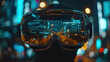 A person is wearing a pair of goggles while looking at a futuristic city in the background. The city is filled with skyscrapers, futuristic buildings, and flying vehicles