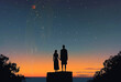 a boy and woman are looking at the stars on the night sky with an owl background. Couple make a wish