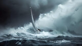 dramatic moment when a sailboat encounters a storm at sea, showcasing the power and intensity of nature's forces