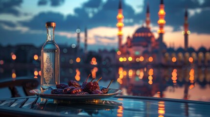 Wall Mural - Dates on a plate and a bottle of water set against the backdrop of an evening mosque