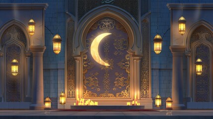 Wall Mural - Illustration of Islamic banner with golden gate, crescent and decorative arabic lanterns