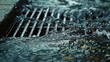 Image of rainwater flowing through a metal grate on a storm drain