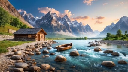 beautiful landscape with mountain and river illustration, hd wallpaper images