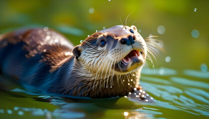 Wall Mural - An otter leaping into a river with the sun shining down and water droplets sparkling in the air.