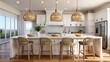 Coastal style kitchen with pendant lights and stylish bar stools looking over deck at the beach
