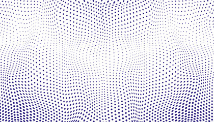 Wall Mural - Halftone violet background with dots. Abstract purple optical texture. Wavy half tone effect pattern. Digital spotted texture. Futuristic pop art print. Monochrome vector illustration.